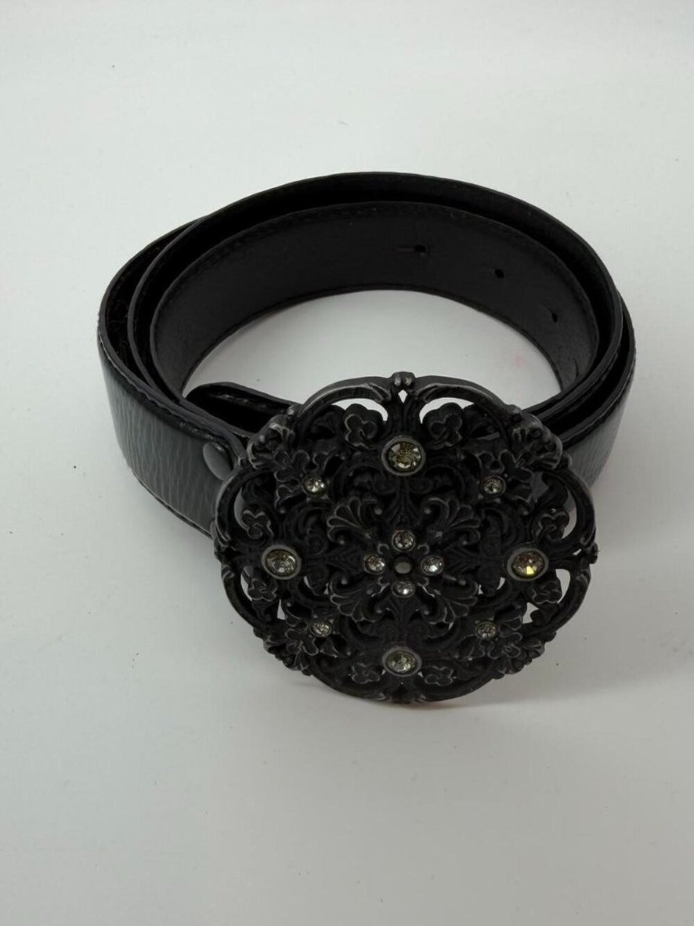 FOSSIL Black Genuine Leather Belt Size L Ornate Rhinestone Statement Buckle Y2K